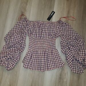 Ina Plaid Off-Shoulder Blouse - Red and White